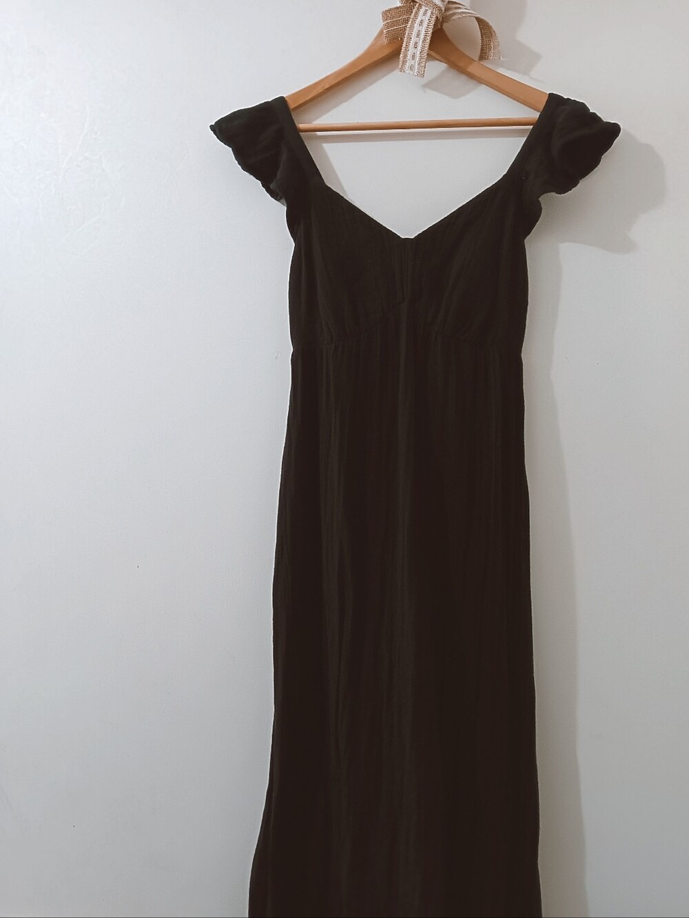 Black Ruffle Sleeve Gauze India Cotton Midi Maxi Dress Size XS